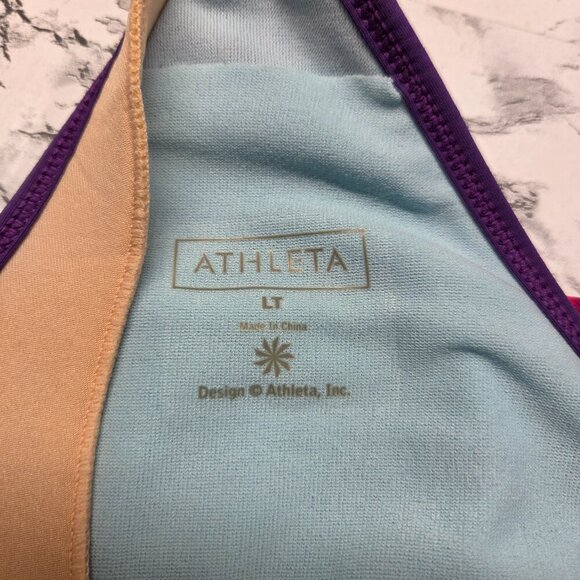 Athleta LT Pink Green Striped Floral Halter Tie Open Back Bathing Suit Top - Picture 8 of 10